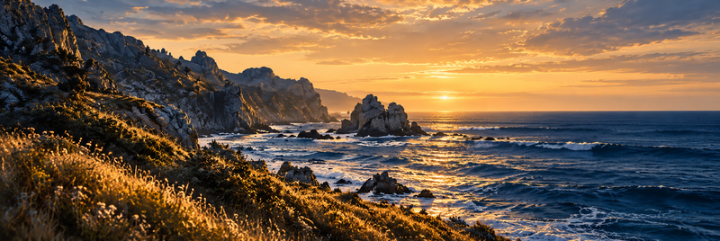 Golden sunset over a blue coastline