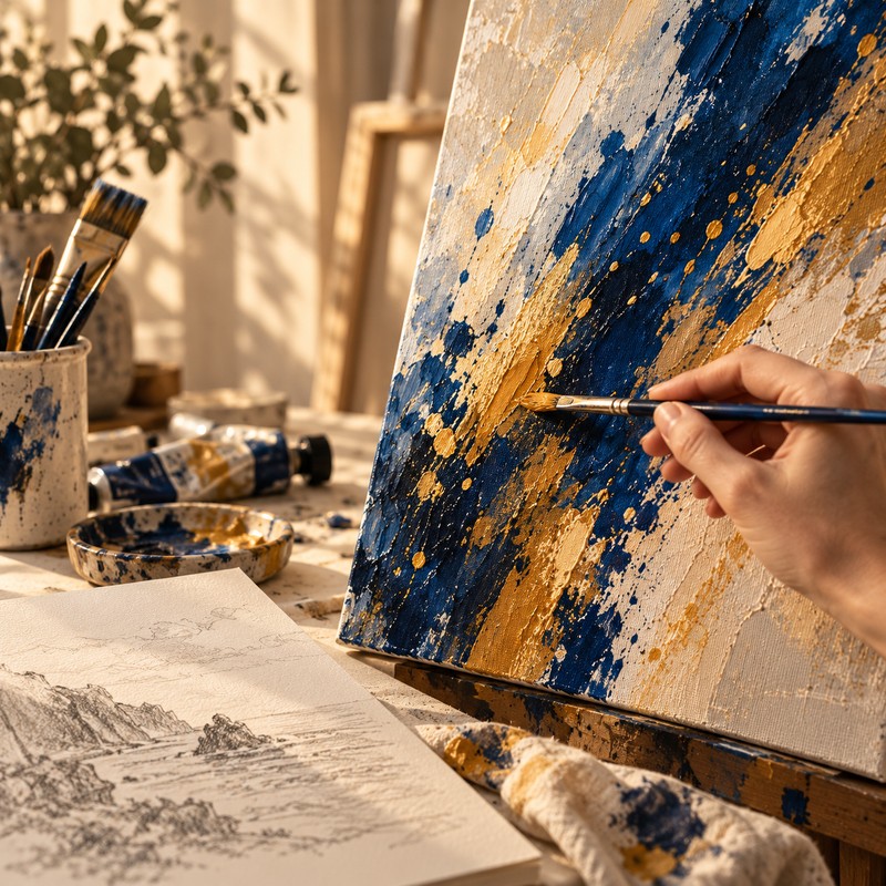 A brush working blue and gold paint onto canvas