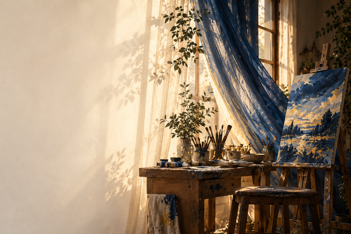 Sunlit studio with blue curtains, brushes and an easel