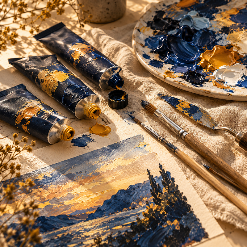 Acrylic colours, brushes and a palette