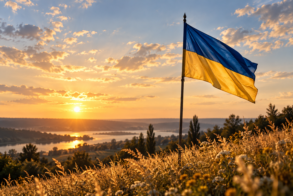 Ukrainian blue and yellow flag at sunset